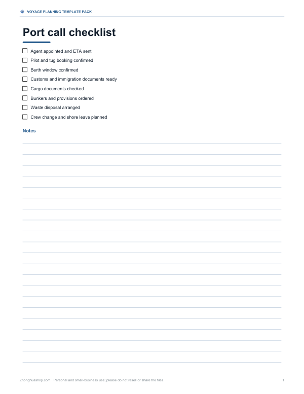 Preview of Printable Port Call Checklist