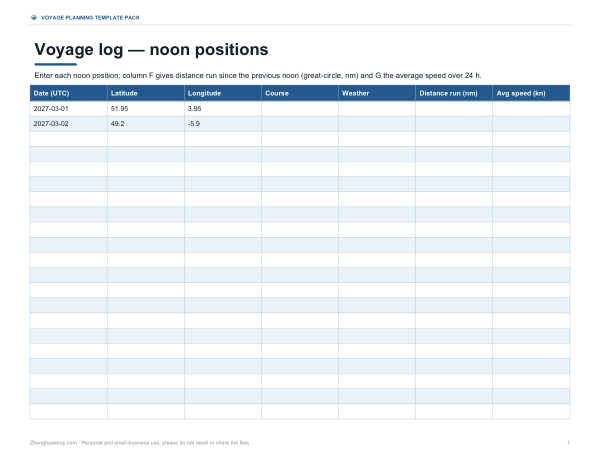 Preview of Printable Voyage Log